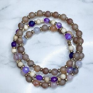 Set of 3 Purple Agate, Gold Hematite & Druzy Agate Stretchy Bracelets